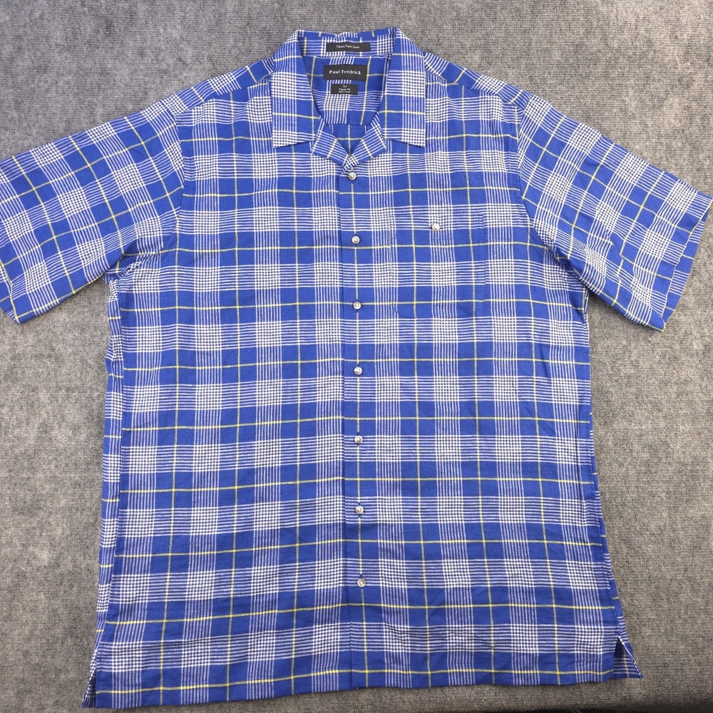 Paul Fredrick Shirt XL Tall XLT Short Sleeve Blue Plaid Linen Button Up